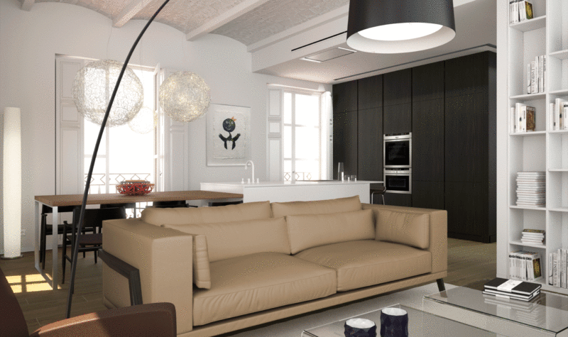 Zona salón con vista de cocina al fondo. Proyecto de Forma Interiorismo