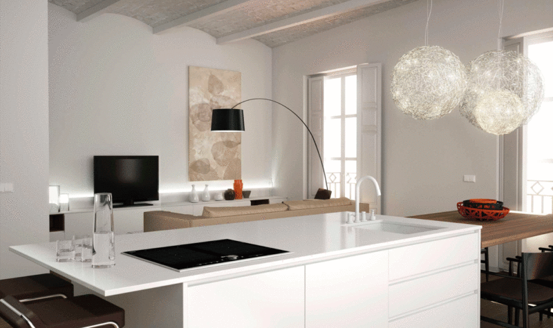 Zona de trabajo de la cocina con mesa principal. Proyecto de Forma Interiorismo